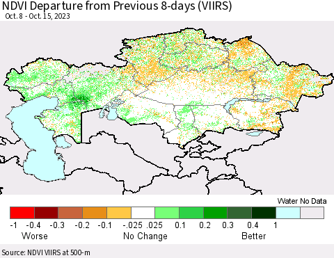 Kazakhstan NDVI Departure from Previous 8-days (VIIRS) Thematic Map For 10/8/2023 - 10/15/2023