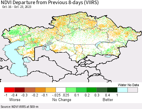 Kazakhstan NDVI Departure from Previous 8-days (VIIRS) Thematic Map For 10/16/2023 - 10/23/2023