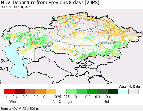 Kazakhstan NDVI Departure from Previous 8-days (VIIRS) Thematic Map For 10/24/2023 - 10/31/2023