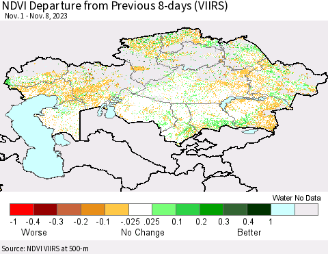 Kazakhstan NDVI Departure from Previous 8-days (VIIRS) Thematic Map For 11/1/2023 - 11/8/2023