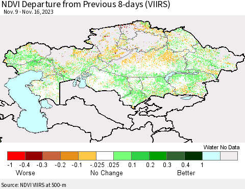 Kazakhstan NDVI Departure from Previous 8-days (VIIRS) Thematic Map For 11/9/2023 - 11/16/2023