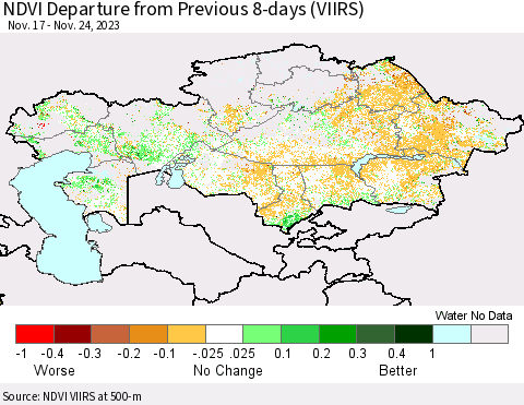 Kazakhstan NDVI Departure from Previous 8-days (VIIRS) Thematic Map For 11/17/2023 - 11/24/2023