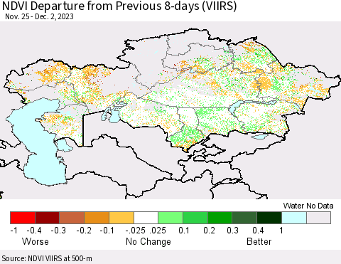 Kazakhstan NDVI Departure from Previous 8-days (VIIRS) Thematic Map For 11/25/2023 - 12/2/2023