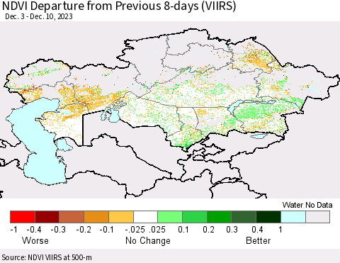 Kazakhstan NDVI Departure from Previous 8-days (VIIRS) Thematic Map For 12/3/2023 - 12/10/2023