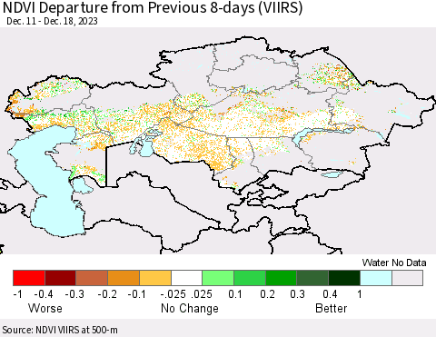 Kazakhstan NDVI Departure from Previous 8-days (VIIRS) Thematic Map For 12/11/2023 - 12/18/2023