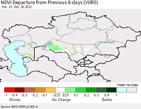 Kazakhstan NDVI Departure from Previous 8-days (VIIRS) Thematic Map For 12/19/2023 - 12/26/2023