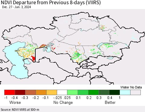 Kazakhstan NDVI Departure from Previous 8-days (VIIRS) Thematic Map For 12/27/2023 - 1/3/2024