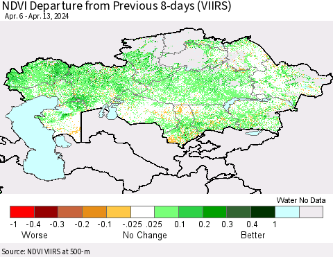 Kazakhstan NDVI Departure from Previous 8-days (VIIRS) Thematic Map For 4/6/2024 - 4/13/2024