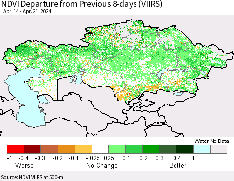 Kazakhstan NDVI Departure from Previous 8-days (VIIRS) Thematic Map For 4/14/2024 - 4/21/2024