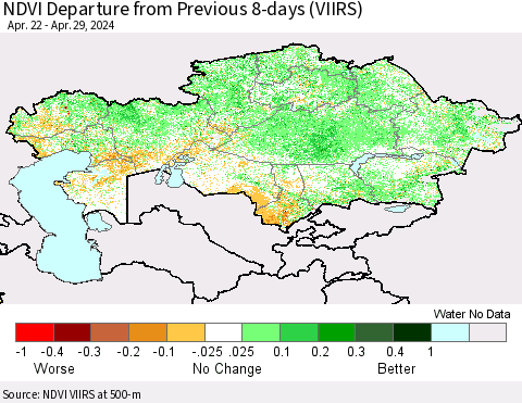 Kazakhstan NDVI Departure from Previous 8-days (VIIRS) Thematic Map For 4/22/2024 - 4/29/2024