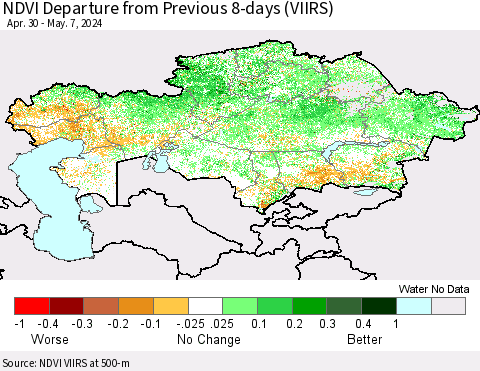 Kazakhstan NDVI Departure from Previous 8-days (VIIRS) Thematic Map For 4/30/2024 - 5/7/2024