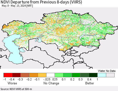 Kazakhstan NDVI Departure from Previous 8-days (VIIRS) Thematic Map For 5/8/2024 - 5/15/2024