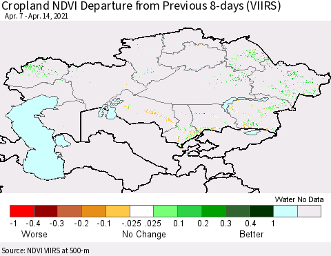 Kazakhstan Cropland NDVI Departure from Previous 8-days (VIIRS) Thematic Map For 4/7/2021 - 4/14/2021