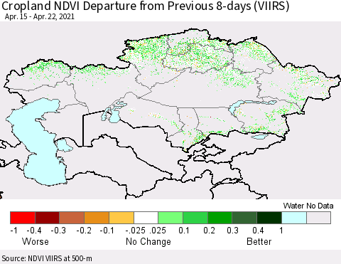 Kazakhstan Cropland NDVI Departure from Previous 8-days (VIIRS) Thematic Map For 4/15/2021 - 4/22/2021