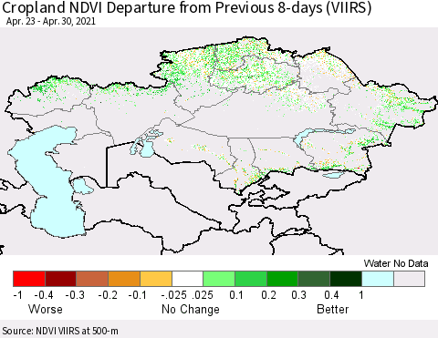 Kazakhstan Cropland NDVI Departure from Previous 8-days (VIIRS) Thematic Map For 4/23/2021 - 4/30/2021
