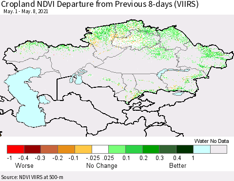 Kazakhstan Cropland NDVI Departure from Previous 8-days (VIIRS) Thematic Map For 5/1/2021 - 5/8/2021