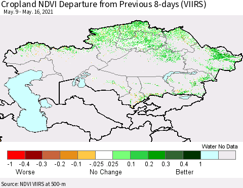 Kazakhstan Cropland NDVI Departure from Previous 8-days (VIIRS) Thematic Map For 5/9/2021 - 5/16/2021