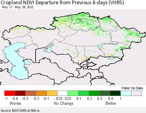 Kazakhstan Cropland NDVI Departure from Previous 8-days (VIIRS) Thematic Map For 5/17/2021 - 5/24/2021
