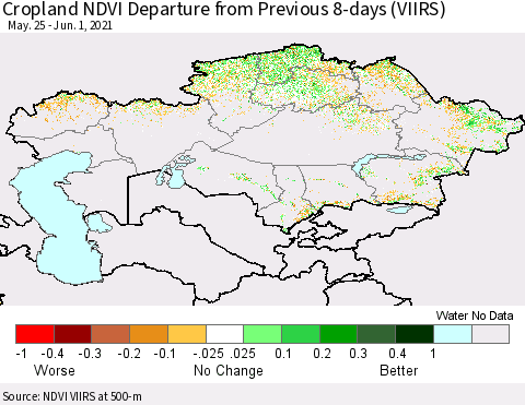 Kazakhstan Cropland NDVI Departure from Previous 8-days (VIIRS) Thematic Map For 5/25/2021 - 6/1/2021