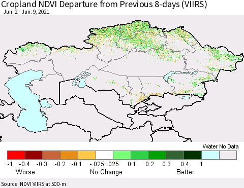 Kazakhstan Cropland NDVI Departure from Previous 8-days (VIIRS) Thematic Map For 6/2/2021 - 6/9/2021