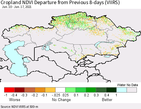 Kazakhstan Cropland NDVI Departure from Previous 8-days (VIIRS) Thematic Map For 6/10/2021 - 6/17/2021