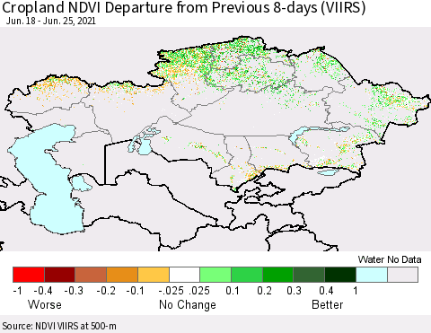 Kazakhstan Cropland NDVI Departure from Previous 8-days (VIIRS) Thematic Map For 6/18/2021 - 6/25/2021