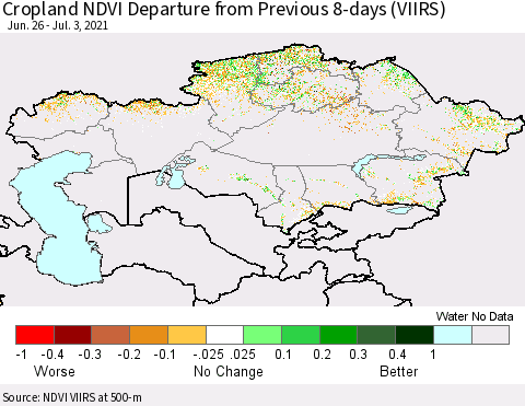 Kazakhstan Cropland NDVI Departure from Previous 8-days (VIIRS) Thematic Map For 6/26/2021 - 7/3/2021