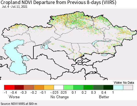 Kazakhstan Cropland NDVI Departure from Previous 8-days (VIIRS) Thematic Map For 7/4/2021 - 7/11/2021