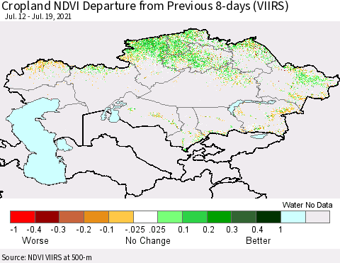 Kazakhstan Cropland NDVI Departure from Previous 8-days (VIIRS) Thematic Map For 7/12/2021 - 7/19/2021