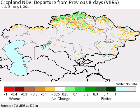 Kazakhstan Cropland NDVI Departure from Previous 8-days (VIIRS) Thematic Map For 7/28/2021 - 8/4/2021