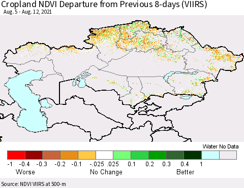 Kazakhstan Cropland NDVI Departure from Previous 8-days (VIIRS) Thematic Map For 8/5/2021 - 8/12/2021