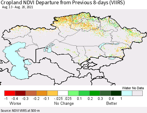 Kazakhstan Cropland NDVI Departure from Previous 8-days (VIIRS) Thematic Map For 8/13/2021 - 8/20/2021