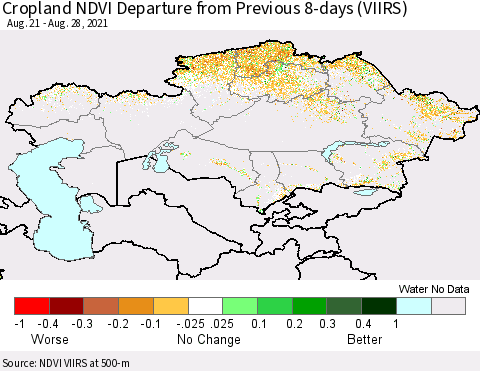 Kazakhstan Cropland NDVI Departure from Previous 8-days (VIIRS) Thematic Map For 8/21/2021 - 8/28/2021