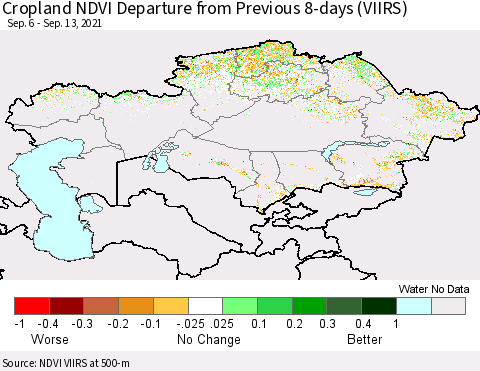 Kazakhstan Cropland NDVI Departure from Previous 8-days (VIIRS) Thematic Map For 9/6/2021 - 9/13/2021