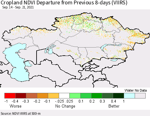 Kazakhstan Cropland NDVI Departure from Previous 8-days (VIIRS) Thematic Map For 9/14/2021 - 9/21/2021