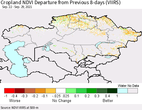 Kazakhstan Cropland NDVI Departure from Previous 8-days (VIIRS) Thematic Map For 9/22/2021 - 9/29/2021