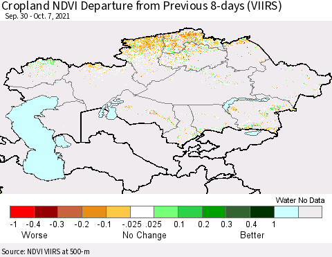 Kazakhstan Cropland NDVI Departure from Previous 8-days (VIIRS) Thematic Map For 9/30/2021 - 10/7/2021