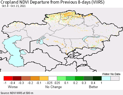 Kazakhstan Cropland NDVI Departure from Previous 8-days (VIIRS) Thematic Map For 10/8/2021 - 10/15/2021