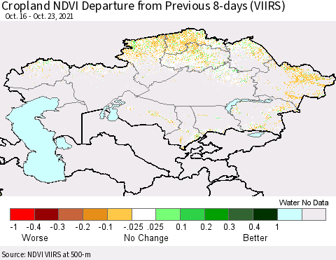 Kazakhstan Cropland NDVI Departure from Previous 8-days (VIIRS) Thematic Map For 10/16/2021 - 10/23/2021