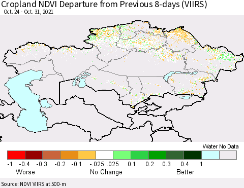 Kazakhstan Cropland NDVI Departure from Previous 8-days (VIIRS) Thematic Map For 10/24/2021 - 10/31/2021