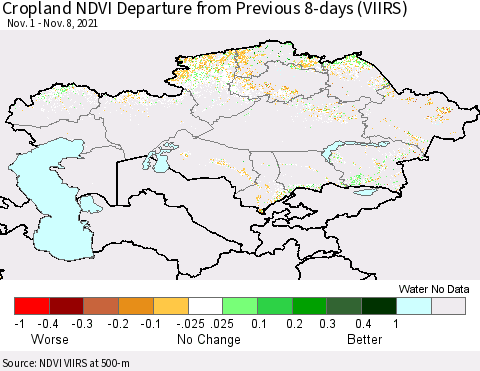 Kazakhstan Cropland NDVI Departure from Previous 8-days (VIIRS) Thematic Map For 11/1/2021 - 11/8/2021
