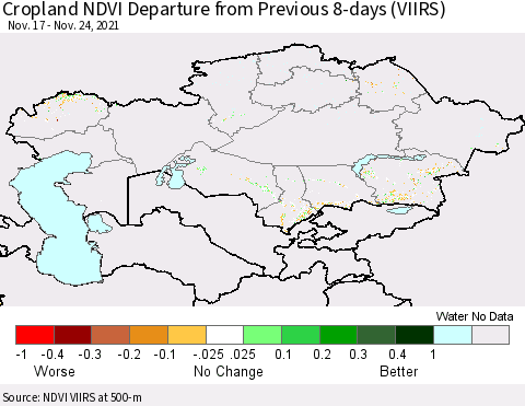 Kazakhstan Cropland NDVI Departure from Previous 8-days (VIIRS) Thematic Map For 11/17/2021 - 11/24/2021