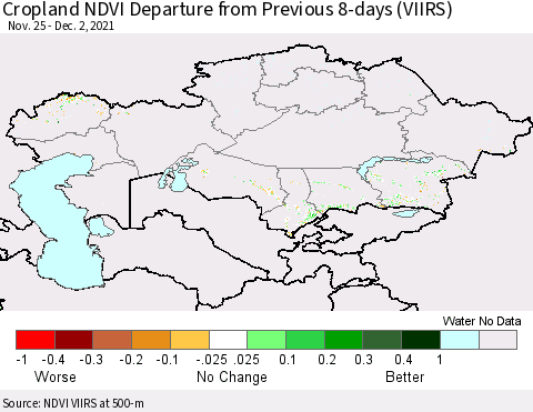 Kazakhstan Cropland NDVI Departure from Previous 8-days (VIIRS) Thematic Map For 11/25/2021 - 12/2/2021