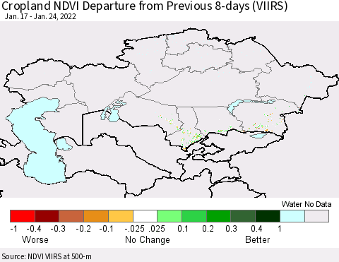 Kazakhstan Cropland NDVI Departure from Previous 8-days (VIIRS) Thematic Map For 1/17/2022 - 1/24/2022