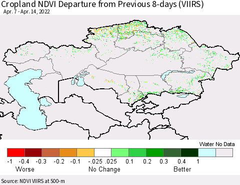 Kazakhstan Cropland NDVI Departure from Previous 8-days (VIIRS) Thematic Map For 4/7/2022 - 4/14/2022