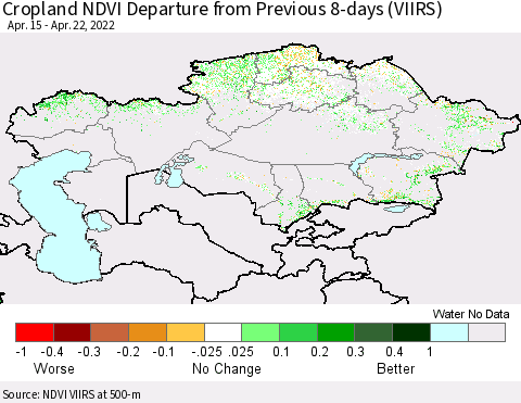 Kazakhstan Cropland NDVI Departure from Previous 8-days (VIIRS) Thematic Map For 4/15/2022 - 4/22/2022