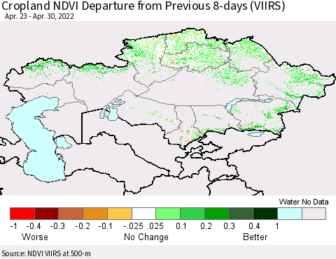 Kazakhstan Cropland NDVI Departure from Previous 8-days (VIIRS) Thematic Map For 4/23/2022 - 4/30/2022