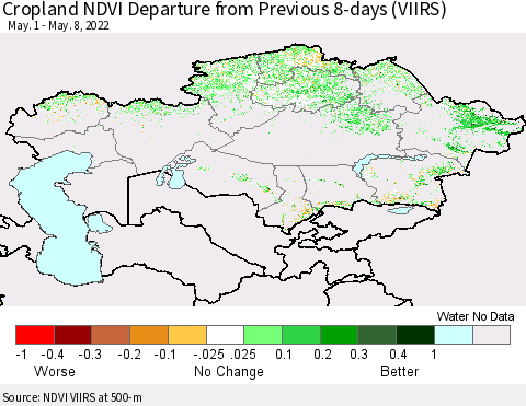 Kazakhstan Cropland NDVI Departure from Previous 8-days (VIIRS) Thematic Map For 5/1/2022 - 5/8/2022