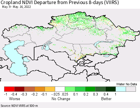 Kazakhstan Cropland NDVI Departure from Previous 8-days (VIIRS) Thematic Map For 5/9/2022 - 5/16/2022