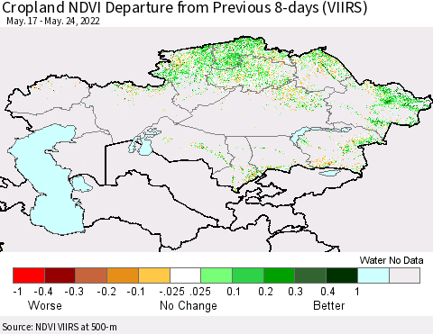 Kazakhstan Cropland NDVI Departure from Previous 8-days (VIIRS) Thematic Map For 5/17/2022 - 5/24/2022